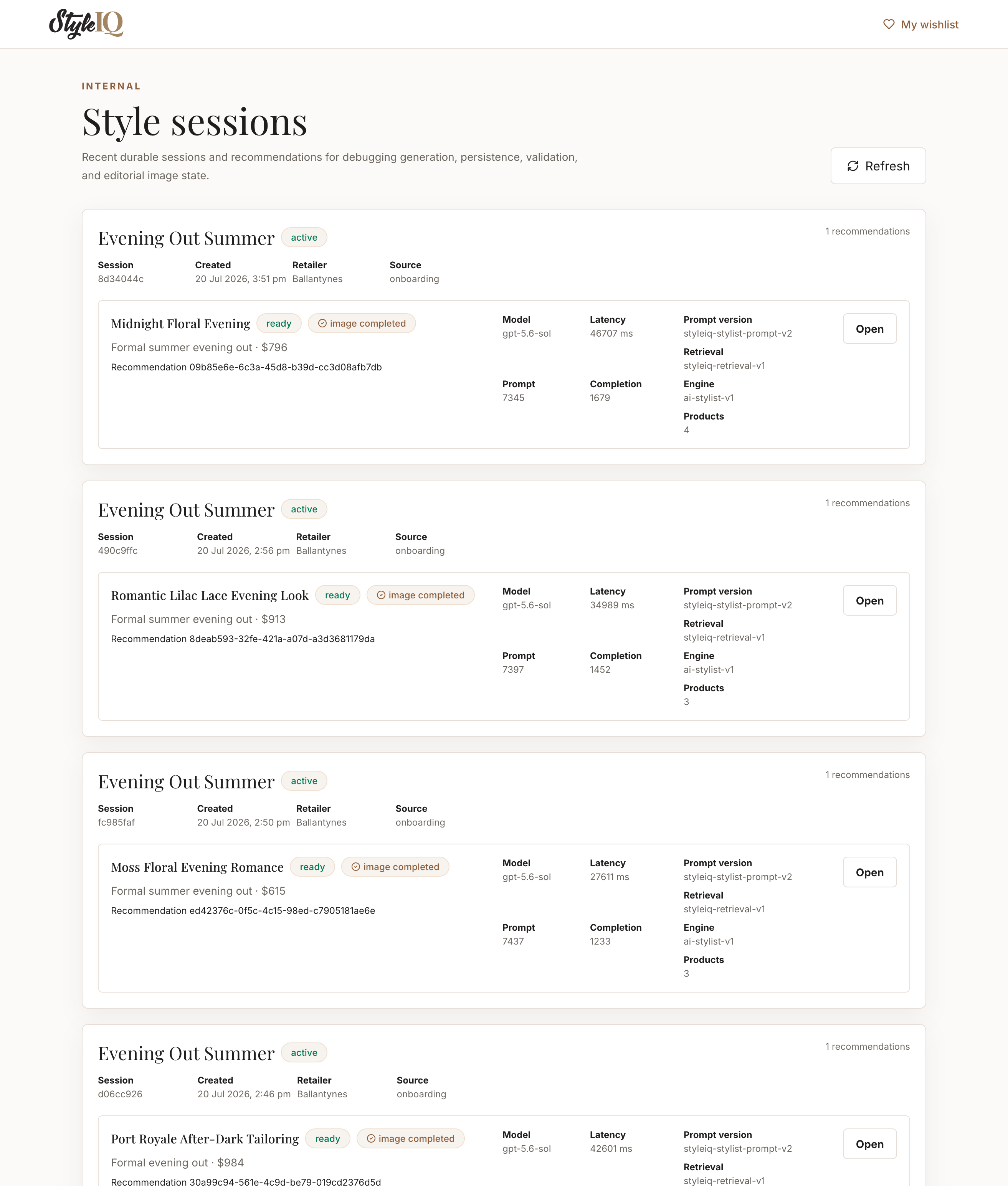 StyleIQ internal session dashboard