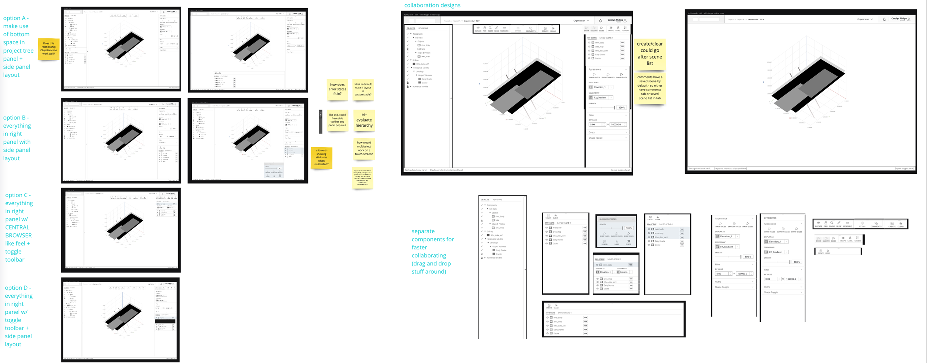 Central Viewer layout and collaboration concepts comparing panel arrangements and shared scenes