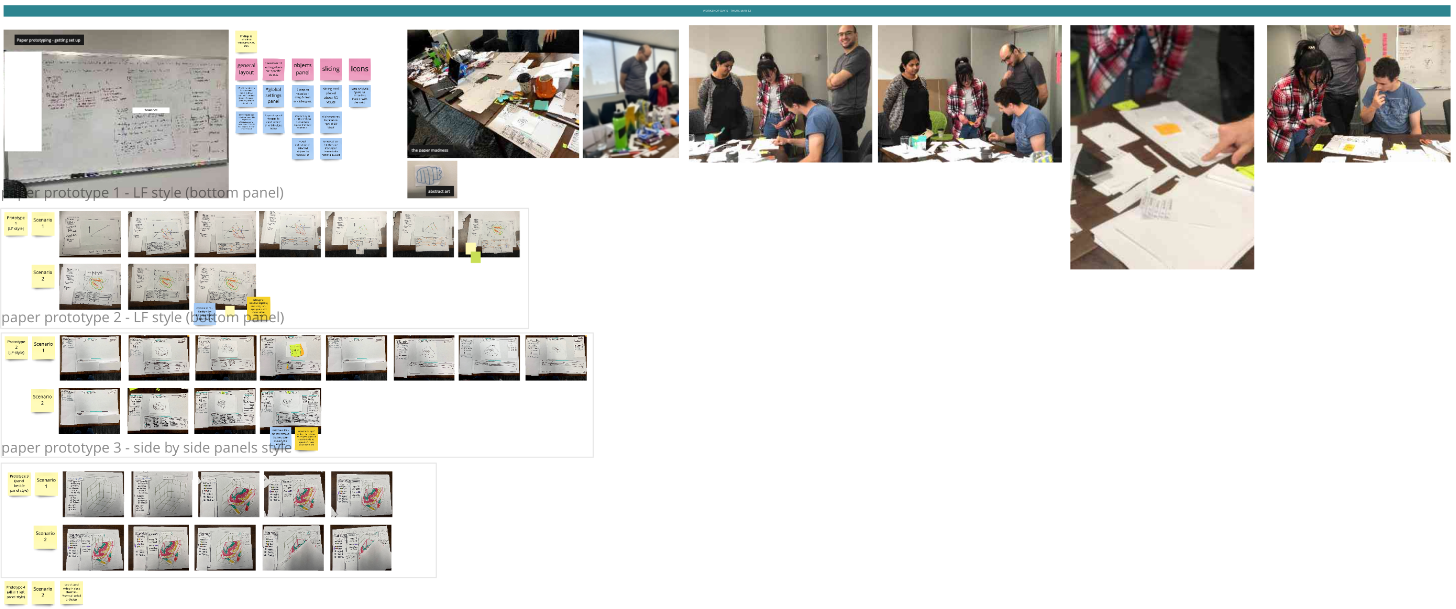 Paper prototyping workshop exploring viewer layouts, object panels, slicing, and collaboration